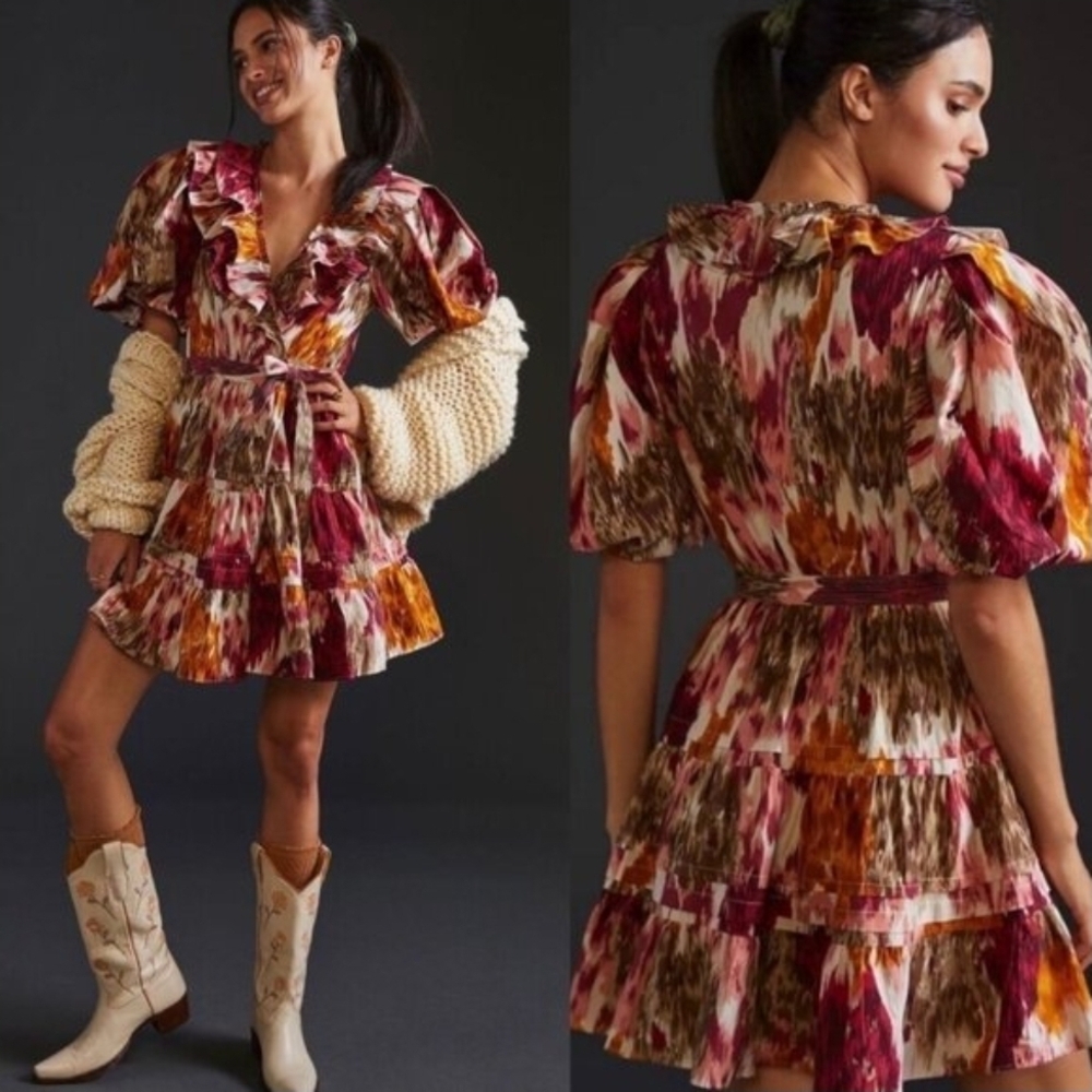 Abstract Print Ruffle V-Neck Mini Dress in Multi-Color - Picture 2 of 8